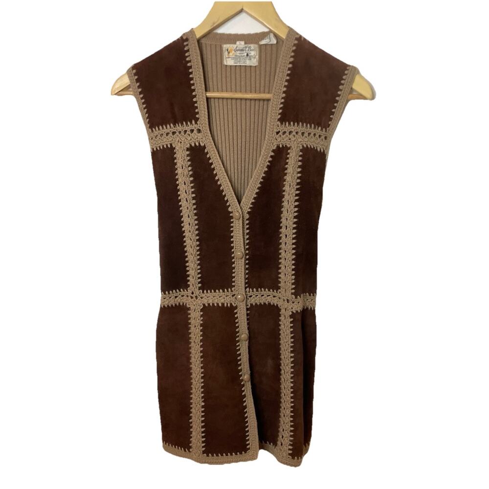 VTG 70s Sweater Bee Banff Brown Suede Tan Knit Belted Vest Bohemian Festival M/L